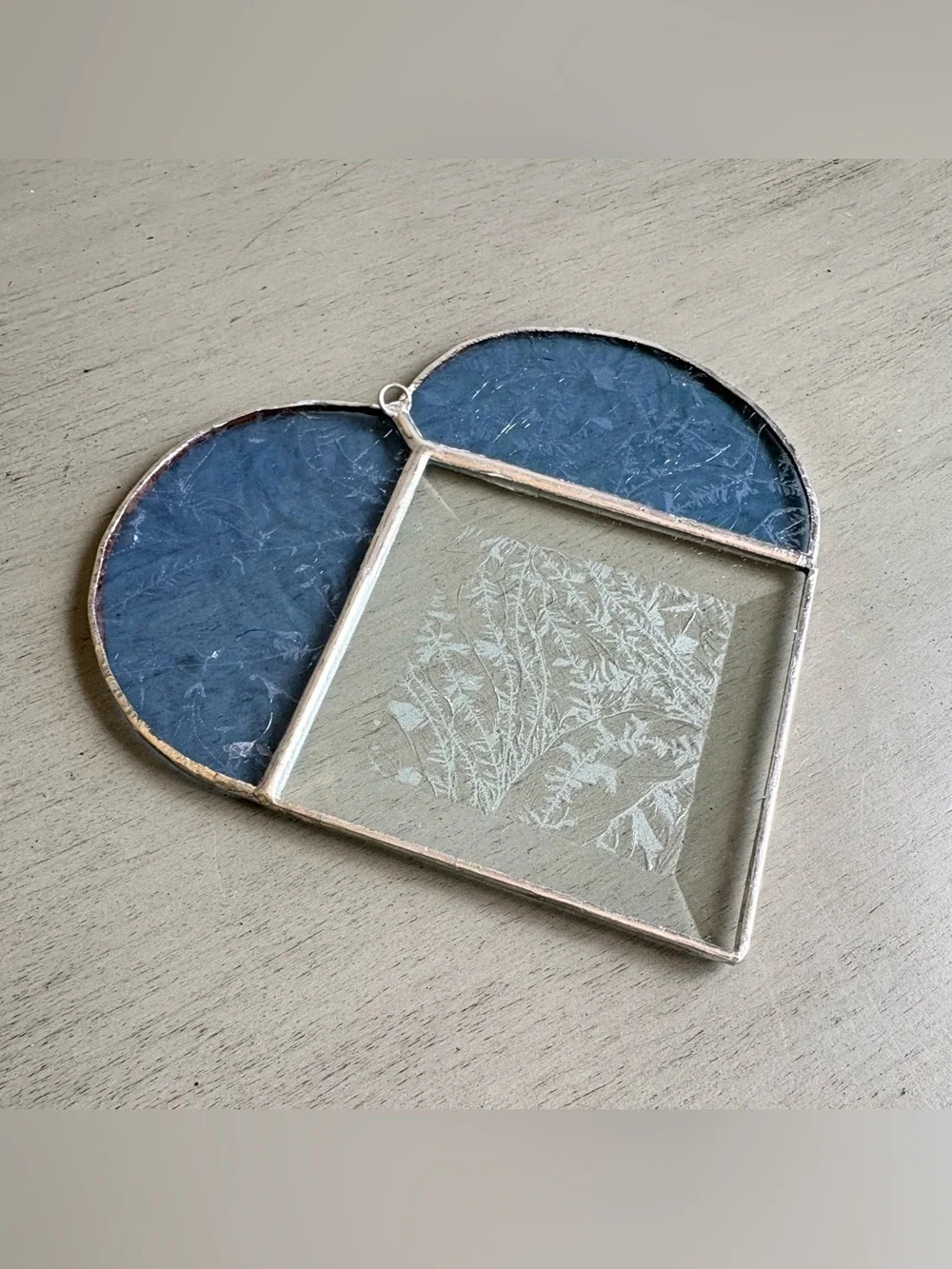 VTG Heart Stained Glass Suncatcher Art Handcrafted Hanging Home Decor Blue White